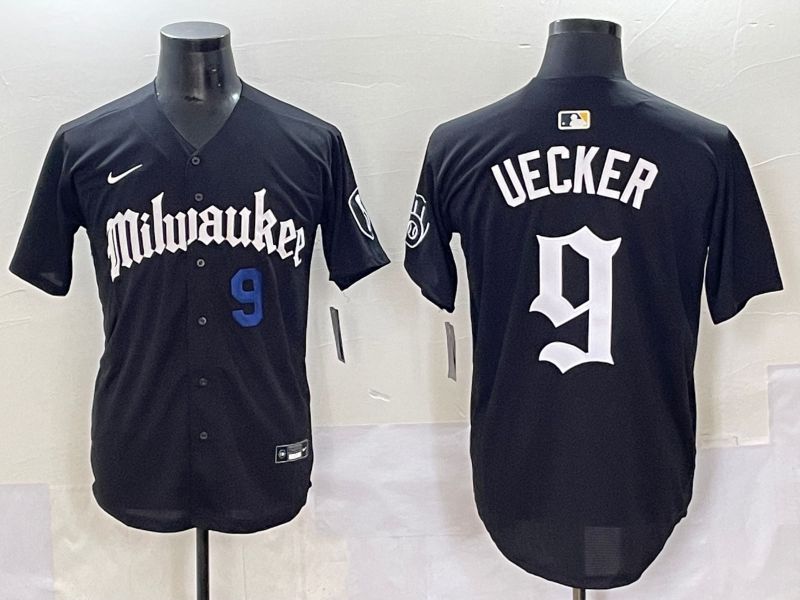 Men 2025 Milwaukee Brewers #9 Uecker Black Five generations Joint Name Nike MLB Jersey style 5